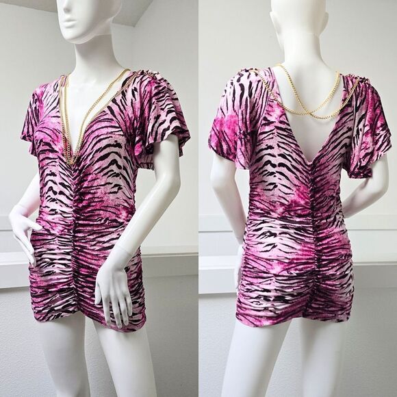 COOGI Y2K Ruched Plunge Zebra Print Mini Dress in Electric Hot Pink - Picture 1 of 16